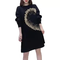 Black Mesh Stitching Design Women's Dress Fashion Elegant Spring Autumn Hoodie Dresses Vestidos European American Style