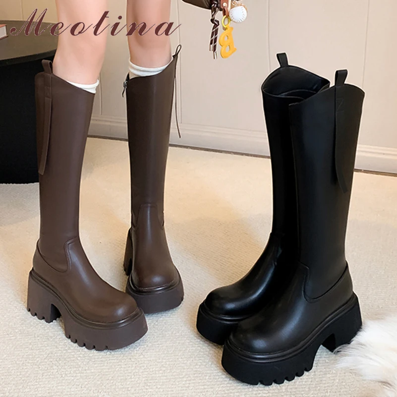 

Meotina Women Genuine Leather Knee High Long Boots Round Toe Thick High Zipper Platform Gogo Boots Ladies Fashion Shoes Winter