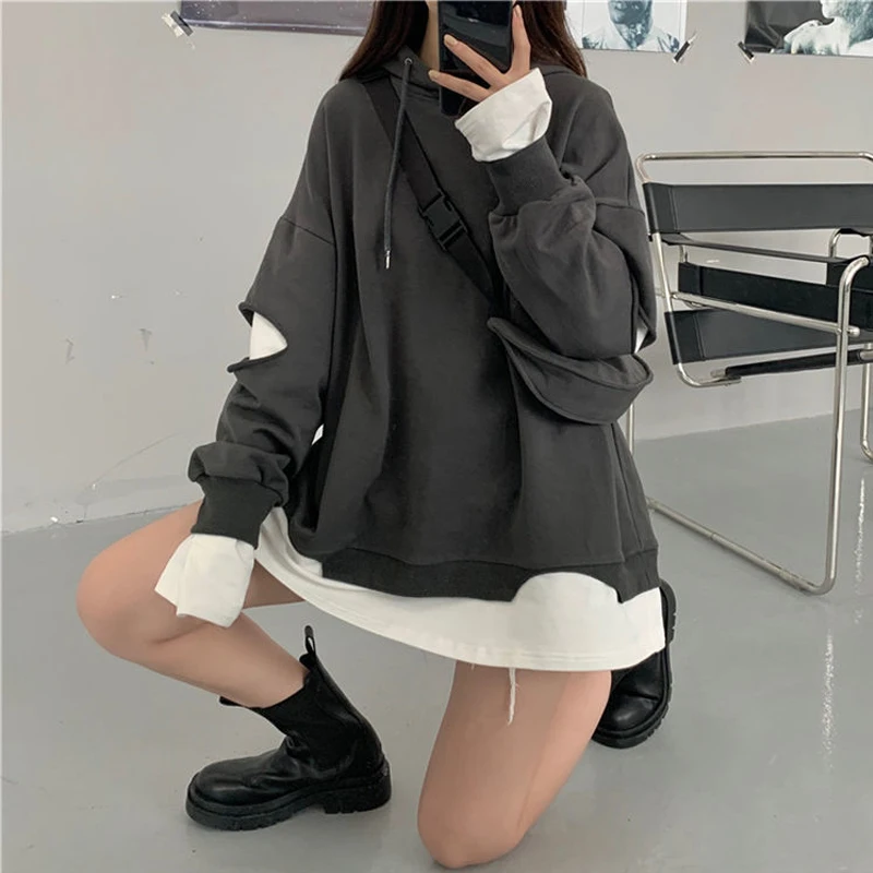 Autumn New Contrast Lazy Style Fake Two Piece Top Hoodies Long Sleeve Loose Patchwork Pullovers Casual Fashion Women Clothing