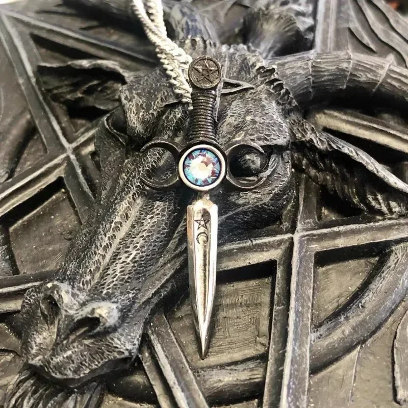 Sword Triple Moon Goddess Pentagram Pendant Stainless Steel Purple Crystal Witch Pagan Chain Necklaces Jewelry Xmas Gift