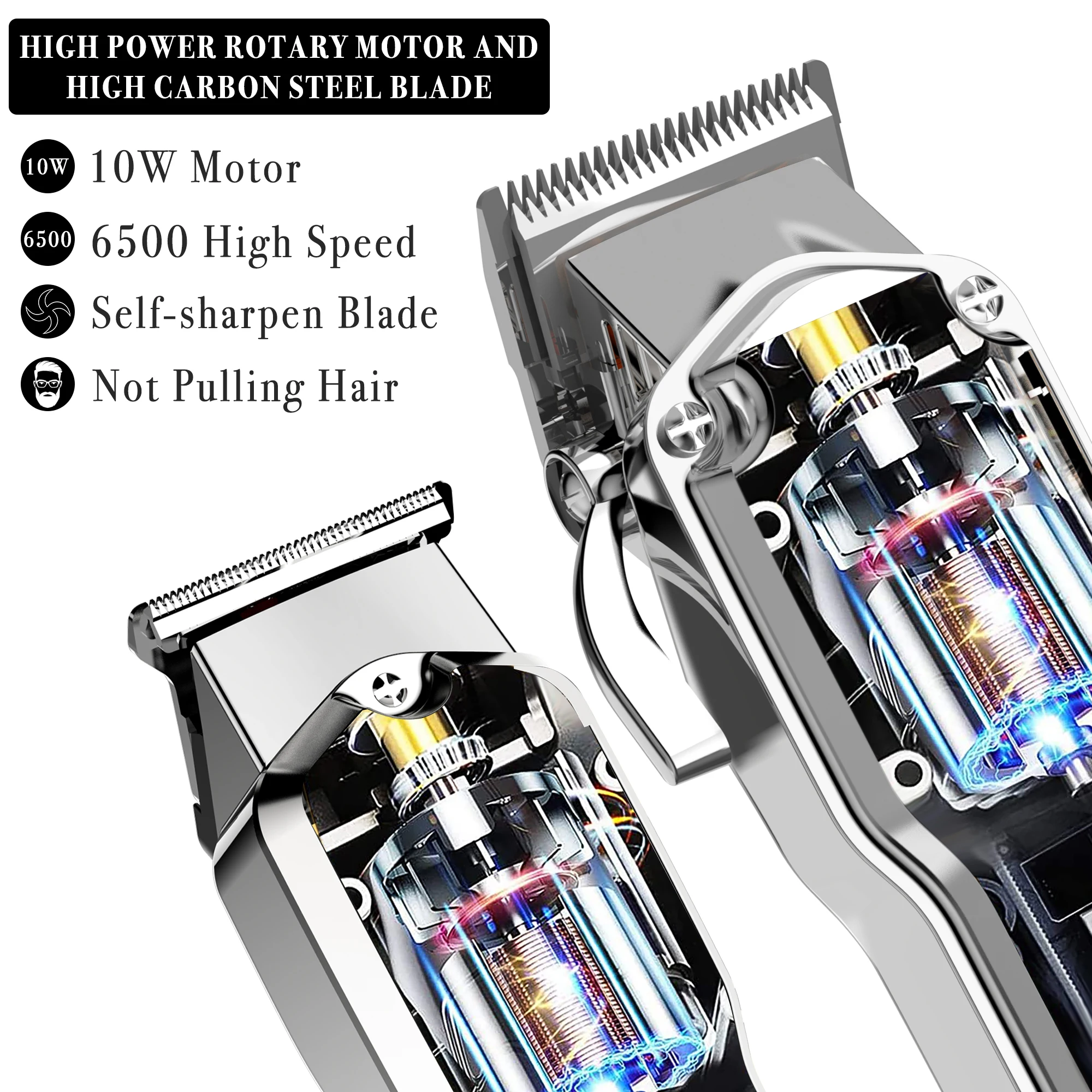 Hatteker Pro Cordless Hair Clippers 18-Piece Barber Kit Metal Electric Trimmer Men's Hair Cutting Machine