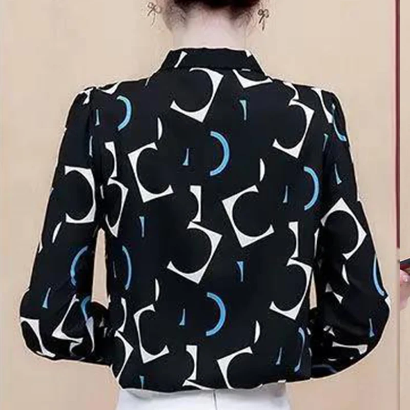 Spring Autumn Korean Print Chiffon Office Lady Shirt Fashion Design Tie Lantern Sleeve Bow Top Women Aesthetic Female Clothes