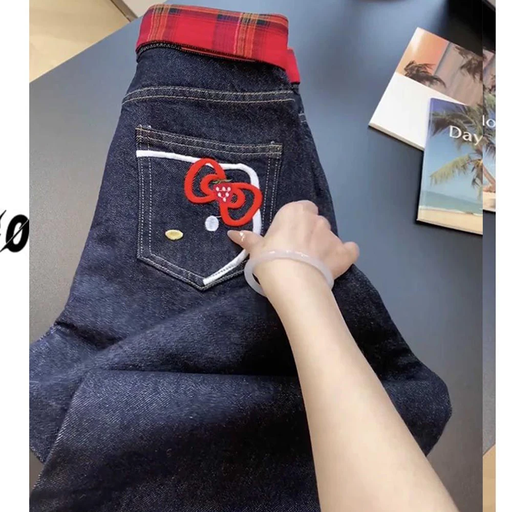 2025 جديد السراويل الطويلة الحلو الأمريكية الساخنة الفتيات مرحبا كيتي القط المطرزة الجينز لطيف المرأة السوداء مستقيم عالية الخصر واسعة الساقين