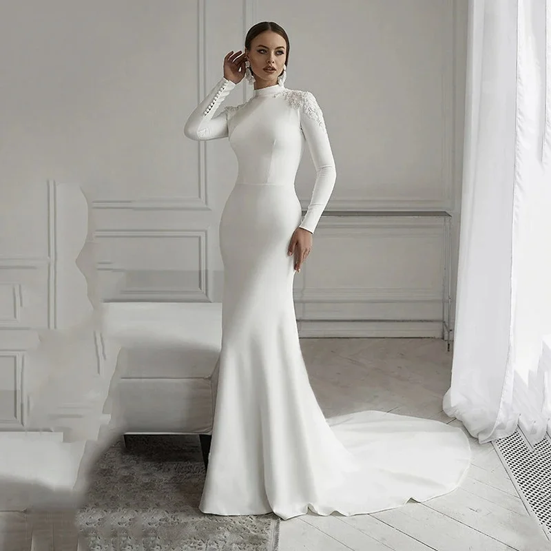 

Lace Mermaid Wedding Dresses Long Sleeve High Neck Muslim Bride Dress Satin Wedding Gowns 2025 Vestido De Noiva Customized