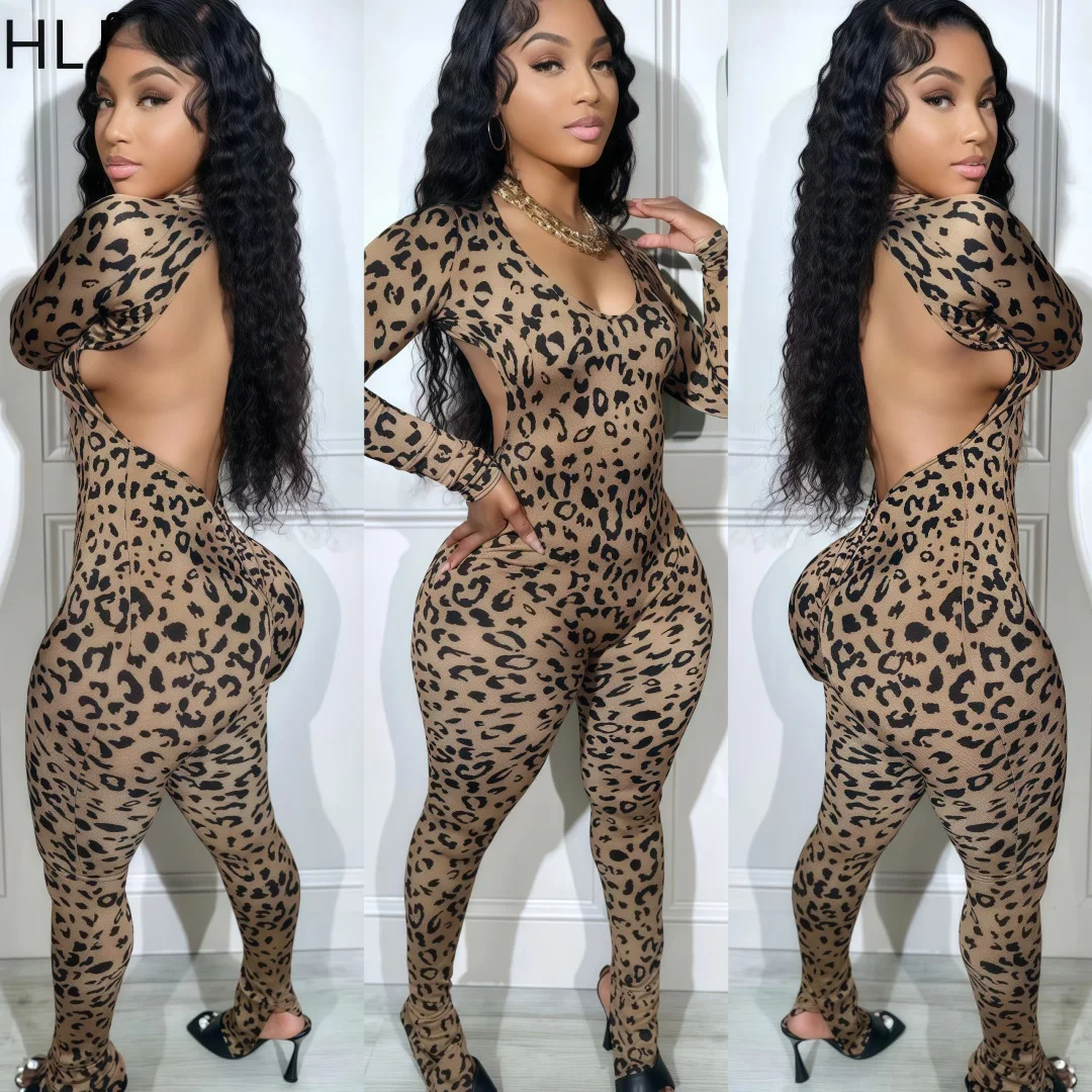 HLJ Sexy Backless Lace Up Leopard Bodycon Overalls Frauen O Hals Langarm Dünne Hosen Einteilige Playsuits Mode Insgesamt