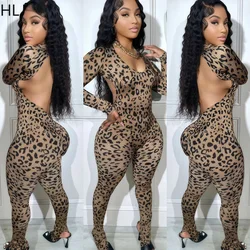 HLJ Sexy Backless Lace Up Leopard Bodycon Jumpsuits Women O Neck Long Sleeve Skinny Pants One Piece Playsuits Fashion Overall
