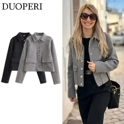 DUOPERI Women Fashion Solid Bomber Jacket Coat Lapel Collar Long Sleeves Female Chic Lady Casual Outwear