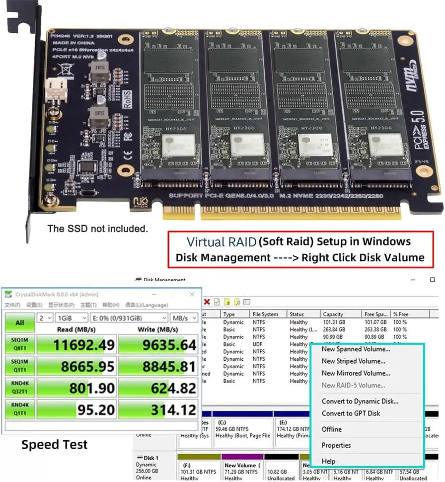PCIE5.0 X16 to 4 Port NVME Adapter Bifurcation Card PCI-E GEN5 16X to 4 * 128Gbps Raid Card for 2230 2242 2260 2280 M.2 NVME SSD
