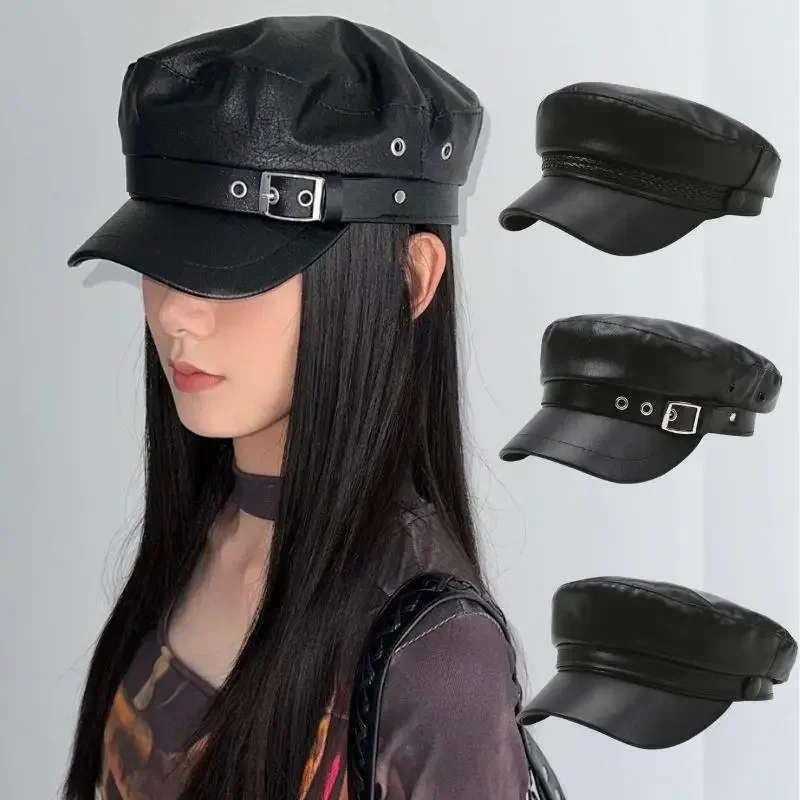 

Trendy PU Leather Beret Hat Gothic Lolita Punk Cap Versatile Beret Retro Flat Tops Visor Newsboy Cap Painter Hat Octagonal Cap