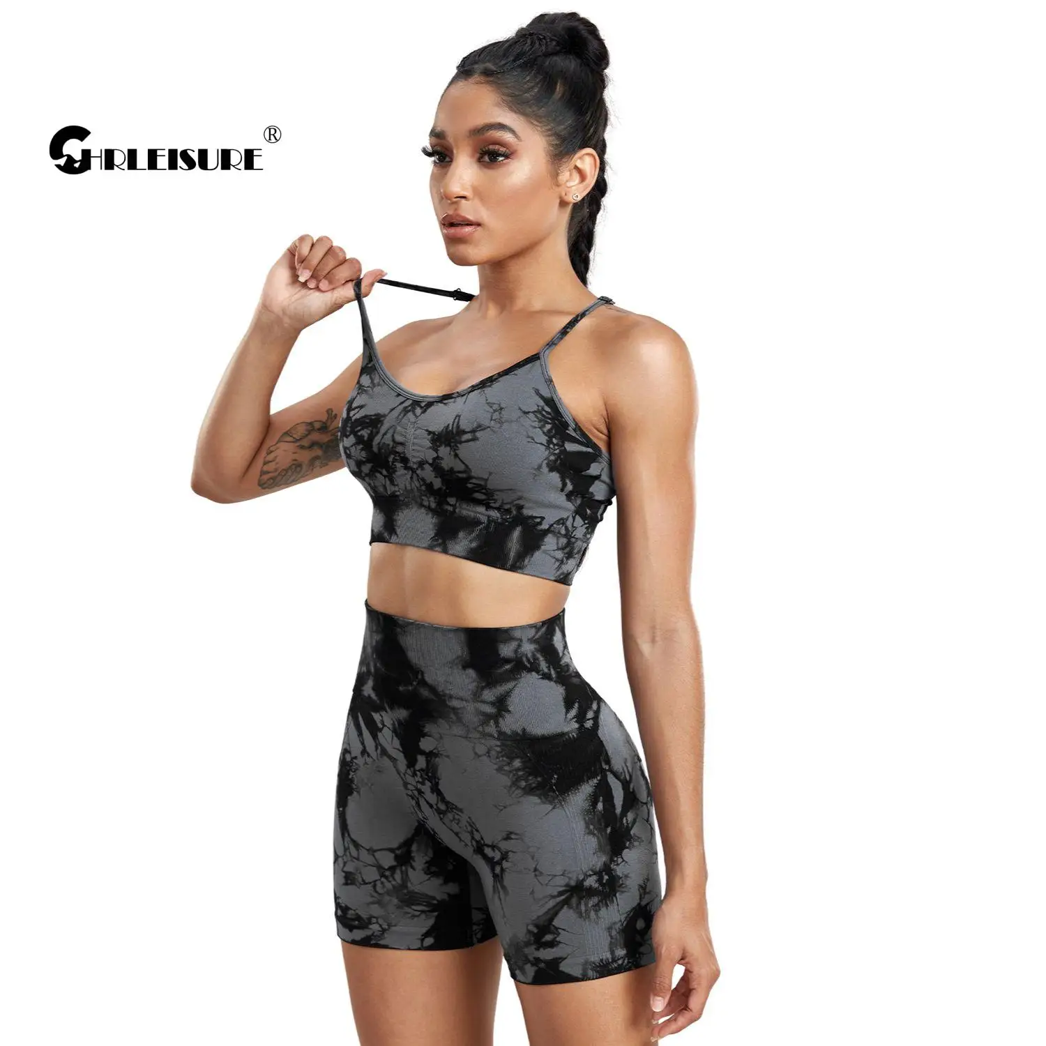 CHRLEISURE Tie Dye Yoga Sets for Women Seamless Sports Outfits Butt Lift Scrunch Cycling Shorts with Fitness Bra Sportswear