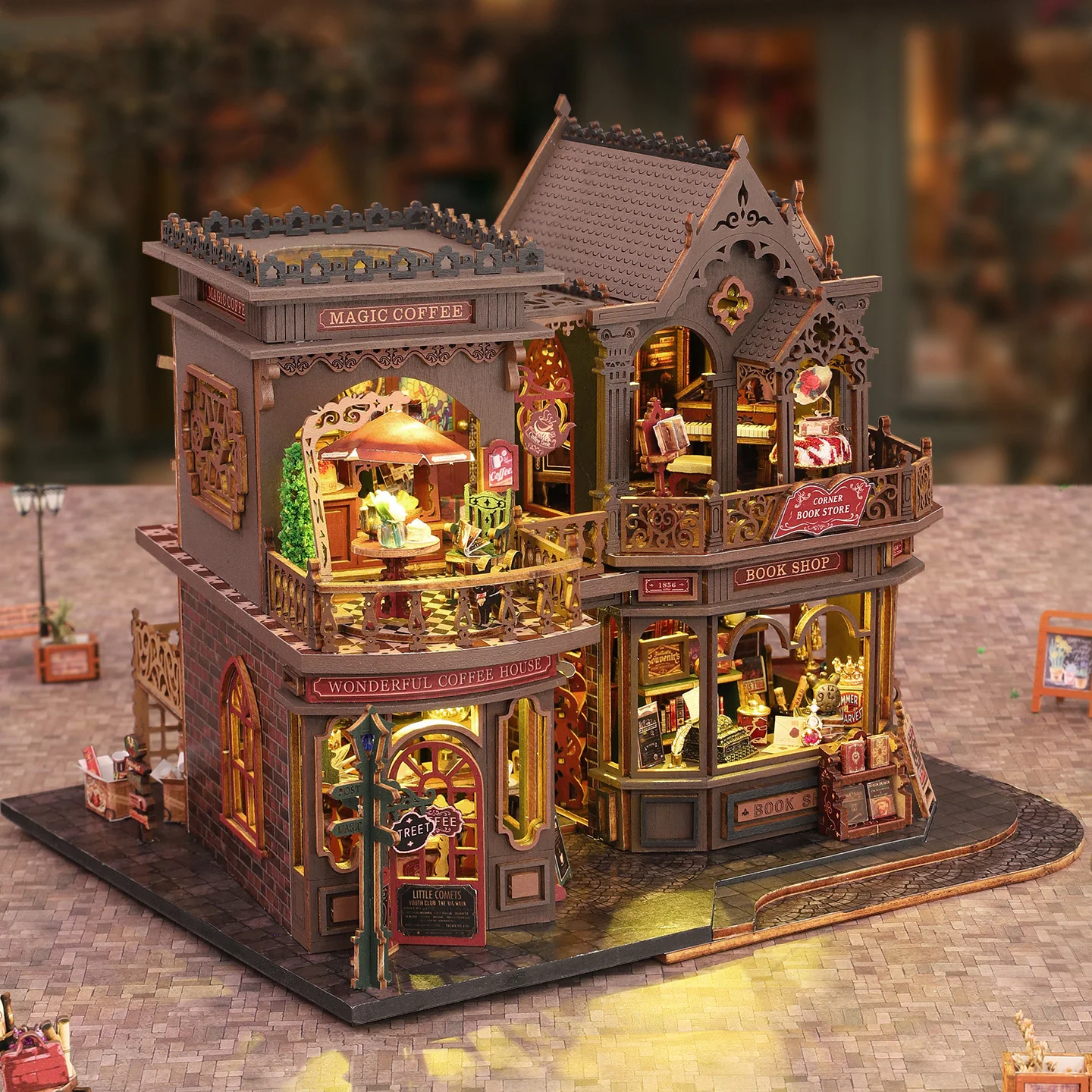 Kit modello in miniatura Casa per caffetteria con lettere in legno fai-da-te con luci a LED Casa delle bambole con mobili per regali di compleanno di amici