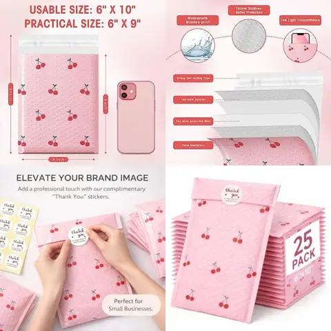 Bubble Mailers 6x10 25 Pack Pink Custom Designer Shipping Envelopes Mailing Self Seal Adhesive Waterproof Padded for Valentines Day Gifts Packaging, Mailing, Small Business Bulk, Cherries