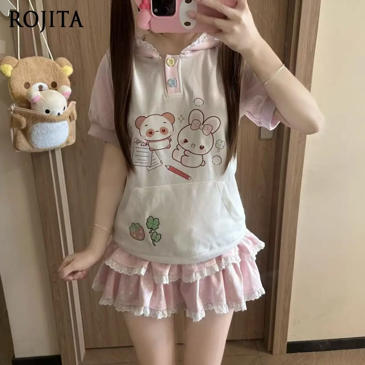 

Women's Kawaii Bunny Hoodie Cute Cartoon Print Short Sleeve Top + Polka Dot Tiered Skirt, Japanese Harajuku Sweet Casual Outfit