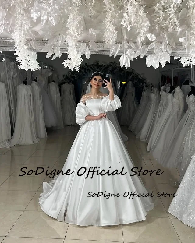 SoDigne A-line Satin Wedding Dresses O-neck Puffy Sleeves Applique Bridal Dress Elegant Wedding Gown Robe De Mairee ﻿Customized