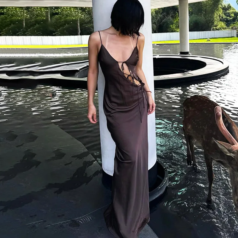 

Ticketsx Sexy Lace Up V Neck Backless Strappy Maxi Dress Brown Hollow Out High Waist Dress Fashion Women Party Evening Dress