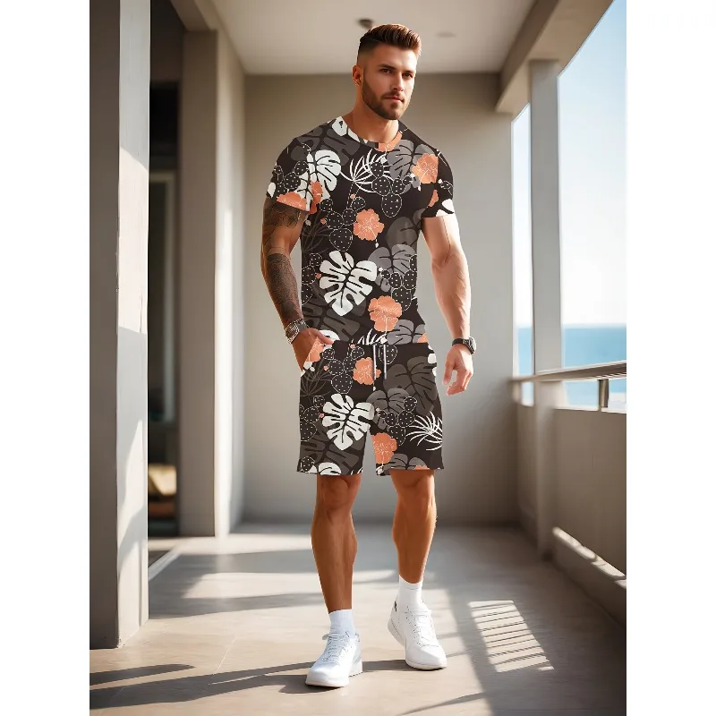 2025 Summer 3D Digital Printing Creative Casual Round Neck Short Sleeved Shorts Set Fashionable New Trend Retro Men's T-shirt