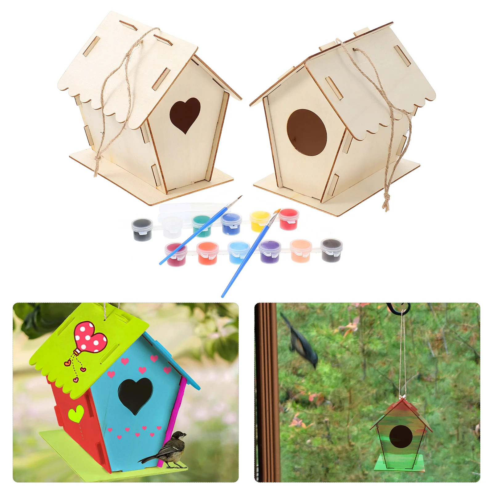 مجموعتان من منزل الطيور اليدوية الخشبية غير المطلية عش الخشب للأطفال التعليمية الفنية مشروع نافذة الباب معلقة الديكور #5