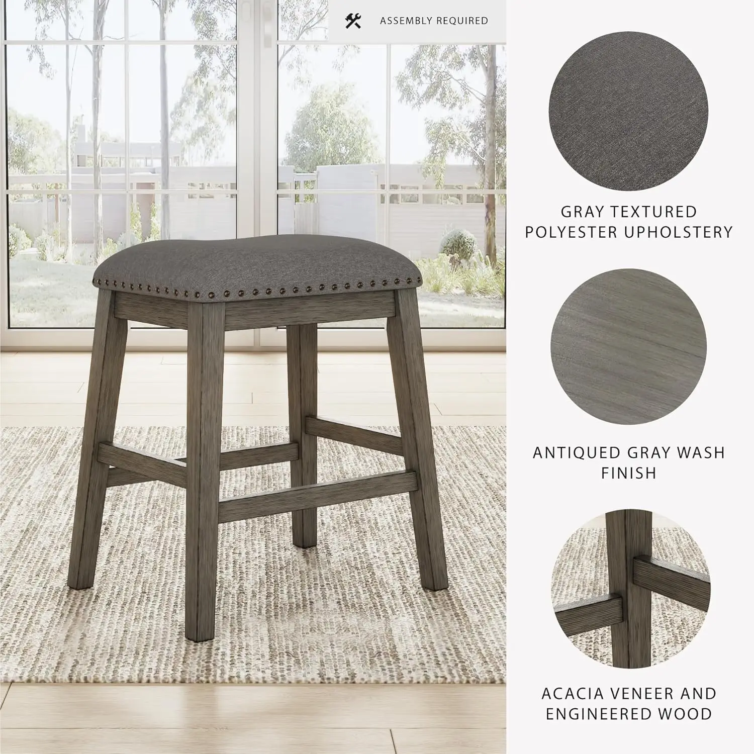Rustic Gray Counter Height Upholstered Barstool Set of 2, Solid Acacia Wood with Nailhead Trim