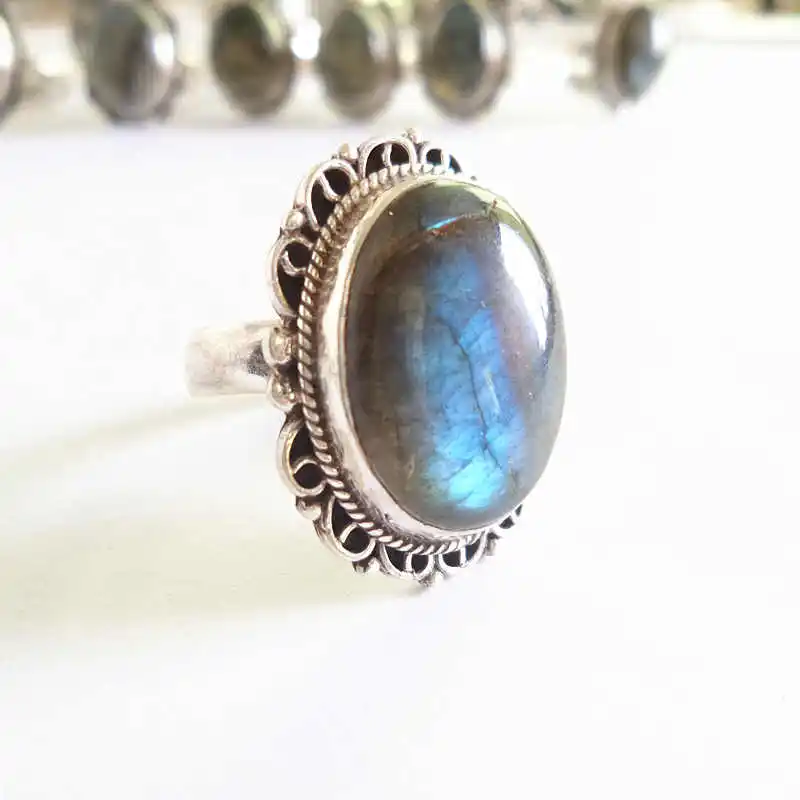 Nepal 925 Sterling Silver Inlaid Natural Labradorite Heart Rings Nepal vintage jewelry T9008 