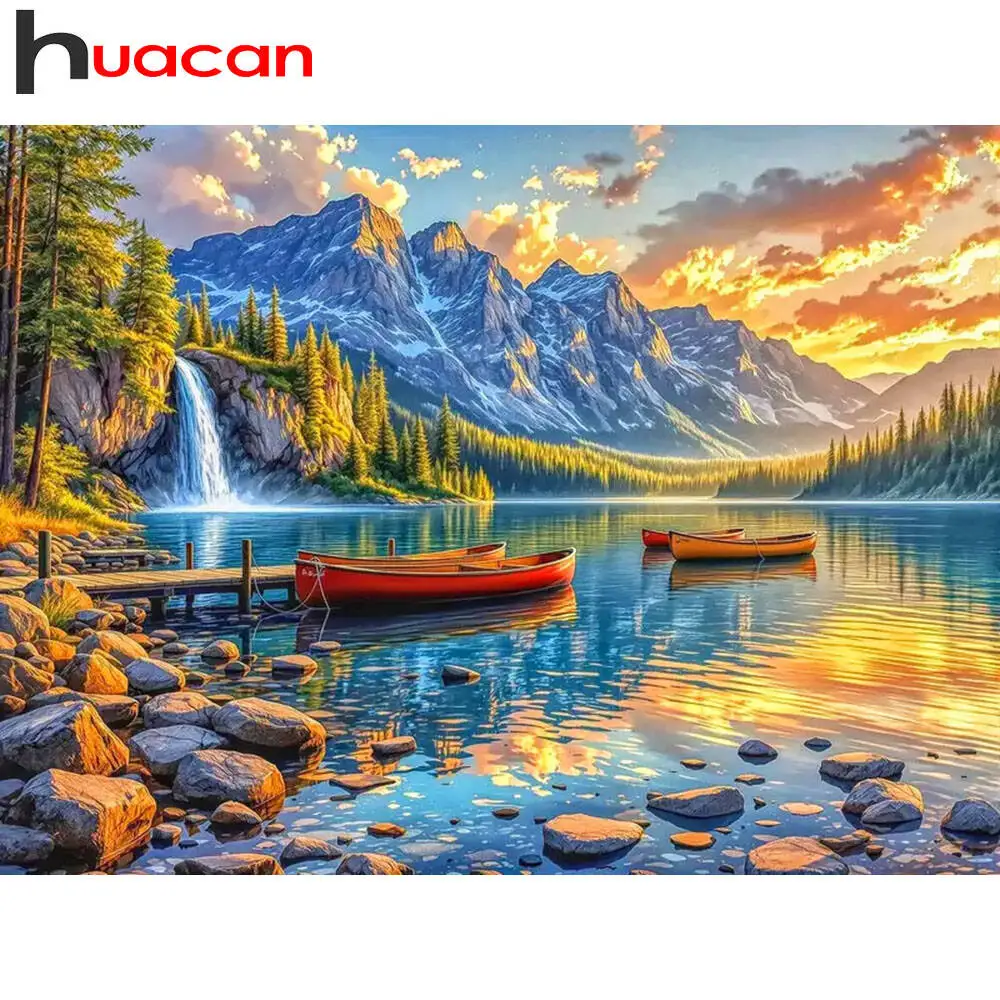 Huacan Neuheiten 2025, Diamantgemälde, Sonnenuntergang, Wasserfall, Diamantmosaik, Landschaft, komplettes Set, Bastelset