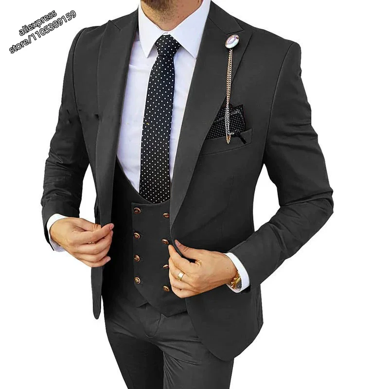 

Мужской свадебный костюм-тройка Slim Fit: пиджак с острыми лацканами, брюки и жилет. Формальный деловой костюм для жениха.