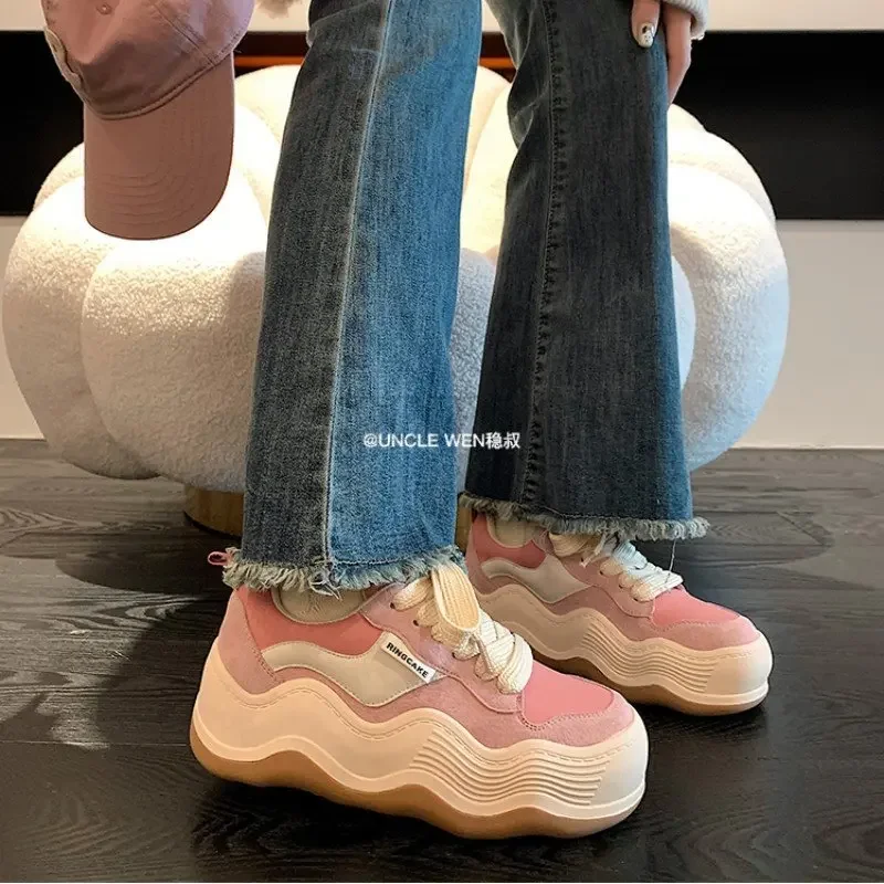 Thick Heel Platform Women Shoes Flat Heel Breathable Mesh New Chunky Sole Trainers Skateboard Shoes Tennis Female Sneakers