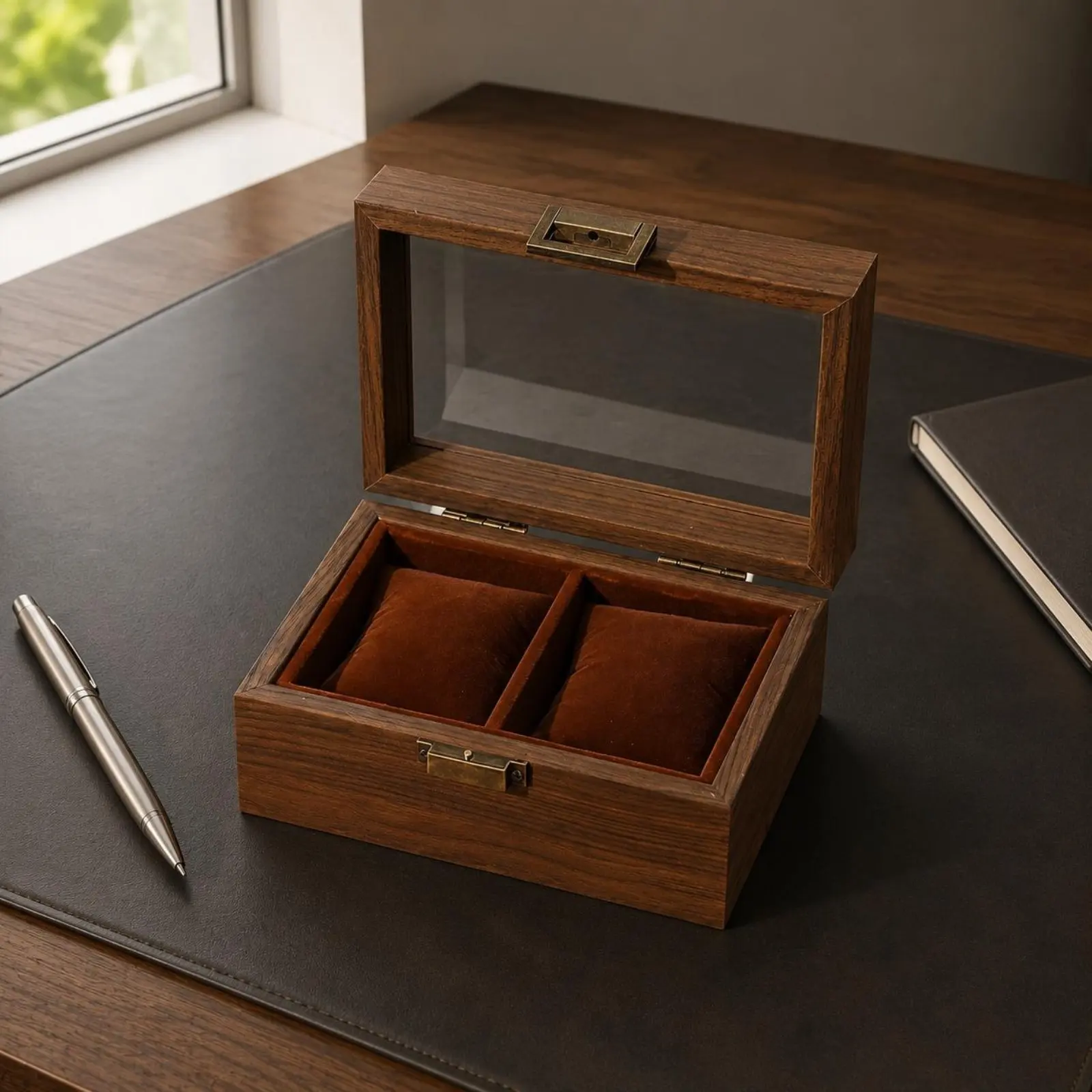 Walnut Watch Box Vintage Design Wooden Watch Organizer Storage Handy Clasp Removable Pillows for Dresser