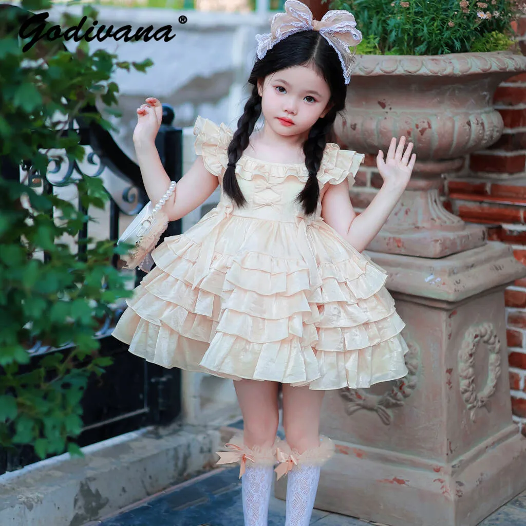Sweet Baby Girls High End Champagne-colored Princess Dress 2026 New Summer Toddlers Ruffle Trim High Waist Birthday Cake Gown