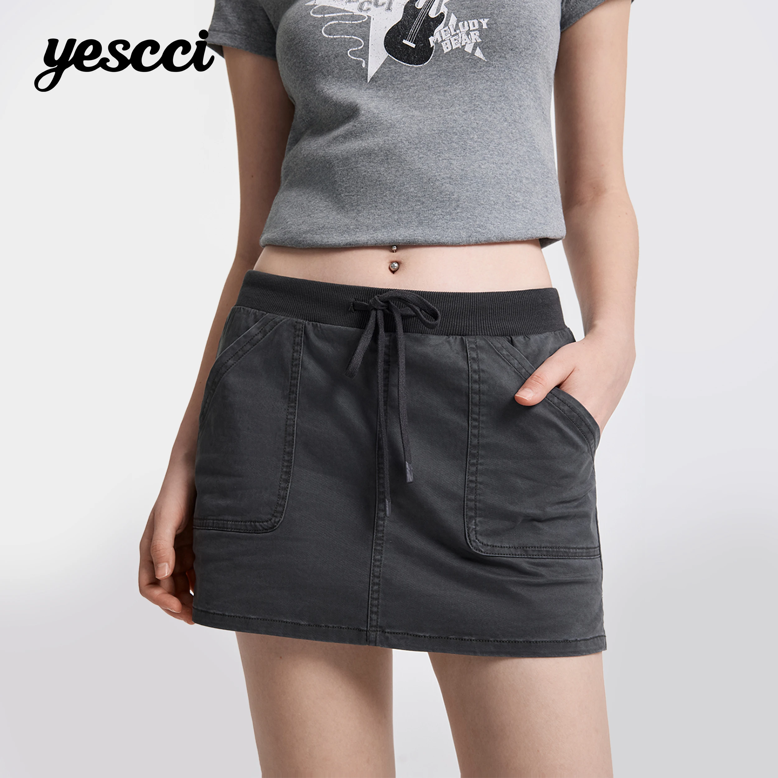 YESCCI A-Line Mini Skirt 2026 Summer Y2K Cargo Multi Pockets Women's Skirt Drawstring Waist Side Slit Women's Clothing S56346762