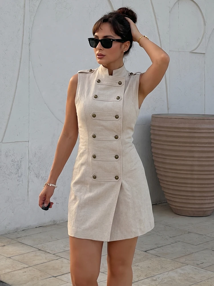 HH Sommer Mode Damen geknotetes Leinen-Minikleid 2026 – Ärmelloses Freizeitkleid mit Stehkragen und Doppelreiher für Damen