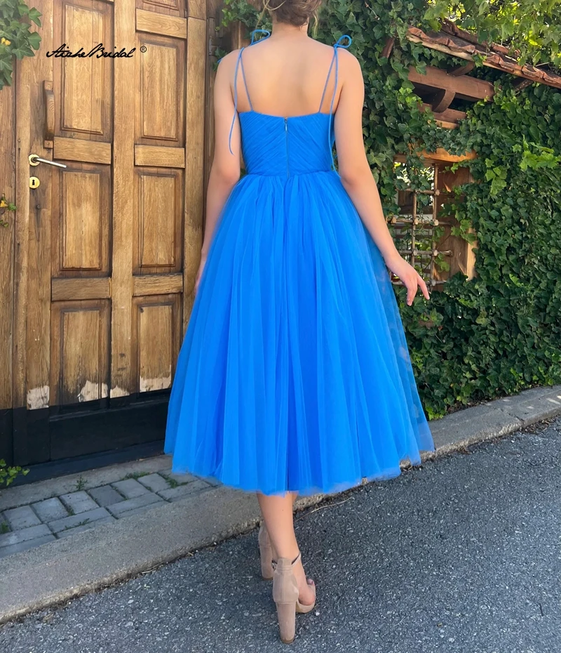 Einfaches blaues Tüll-Abschlussballkleid 2026, Spaghettiträger, Cocktailkleid, A-Linie, Tee-Länge, formelles Abend-Partykleid, Vestidos