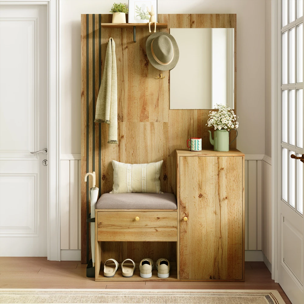 Kleiderschrank-Set, kompakter Flur-Kleiderschrank mit Spiegel und Kissen mit schwarzem Zierstreifen, Regal, Flur-Kleiderschrank, Schuhschrank – Detail 9