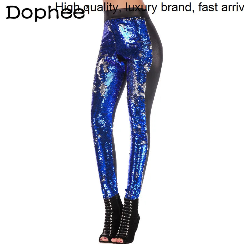 Autumn 2023 Spring New Heavy Sequins Pu Leather Stitching Cropped Pants Women Slim-Fit Nightclub Party Outerwear Leggings Street