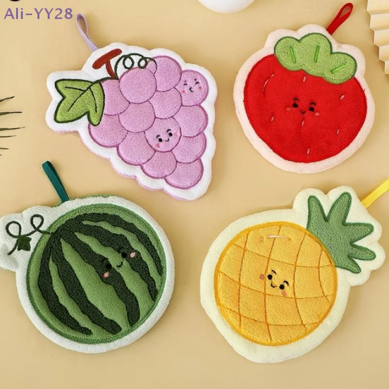 【YY28】Cute Fruit Flower Hand Towel Kitchen Absorbent Cleaning Cloth Hanging Quick Drying Coral Fleece Rag Bathroom Hand Cloth