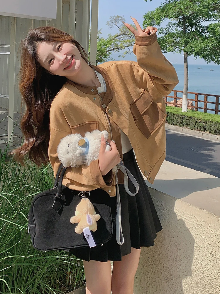 Maillard-Chaqueta tipo Cargo de ante marrón para mujer pequeña, chaqueta Bomber informal de gran tamaño, ropa de abrigo versátil, primavera y otoño