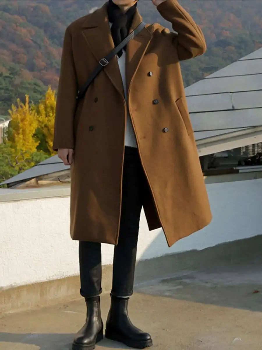 Loose Fit Woolen Coat Korean Style Mid-Length Men's Casual Trendy Outerwear Winter Season Youth Popular Pure Color Design