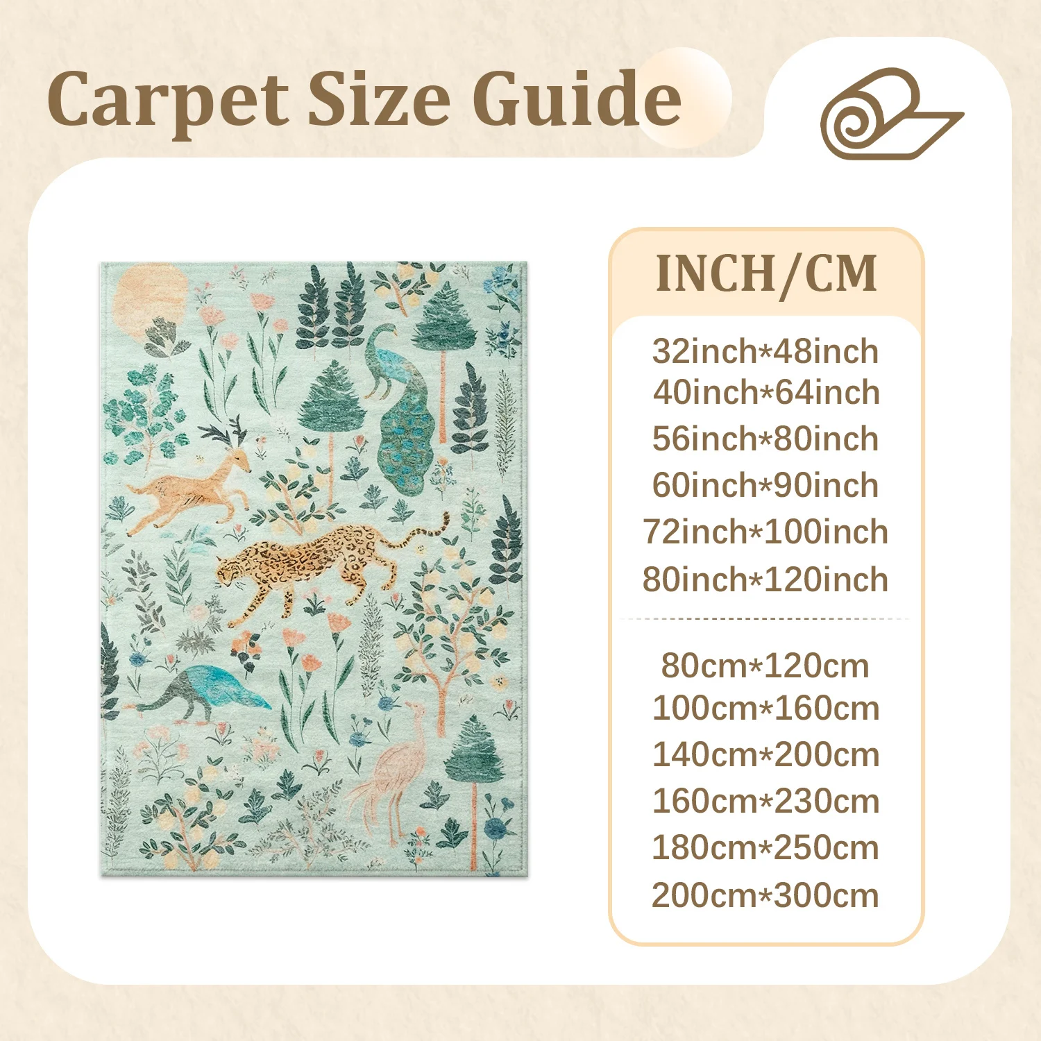 Large Indoor Area Rug, Soft Velvet Low Pile with Non-slip Dotted Backing, Machine Washable, Whimsical Forest Animal & Nature Foliage Pattern in Light Mint, Great for Living Room, Bedroom, Cozy Home Decor