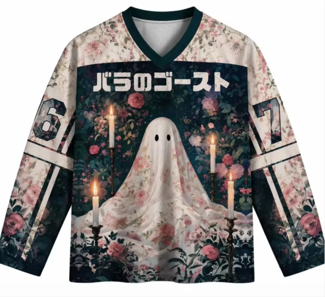 Harajuku Ghost Rose Pattern 3D Print Sport Quick-dry Breath Men V-neck Long-sleeved Outdoor Street Casual Parent-Child Clothing