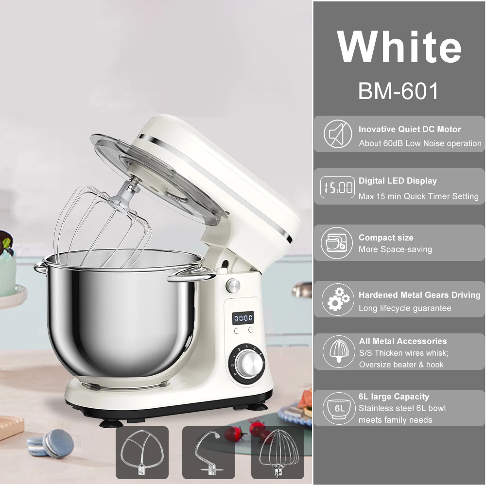BioloMix 6-speed keukenvoedsel mixer 1200W DC stille motor 6L roestvrijstalen kom met crème eiergarde zweep deegkneder - afbeelding 1