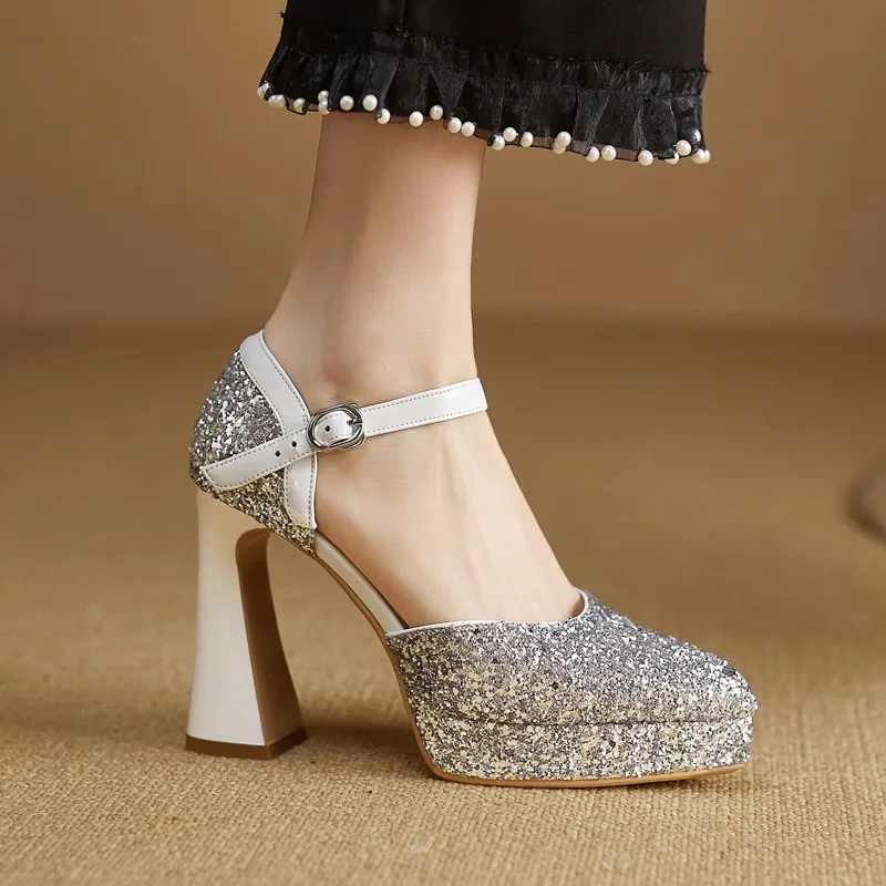 Sequins Fashion Women's Shoes 2024 Summer New High Heeled Sandals Large Size Women's Shoes Gold Silver