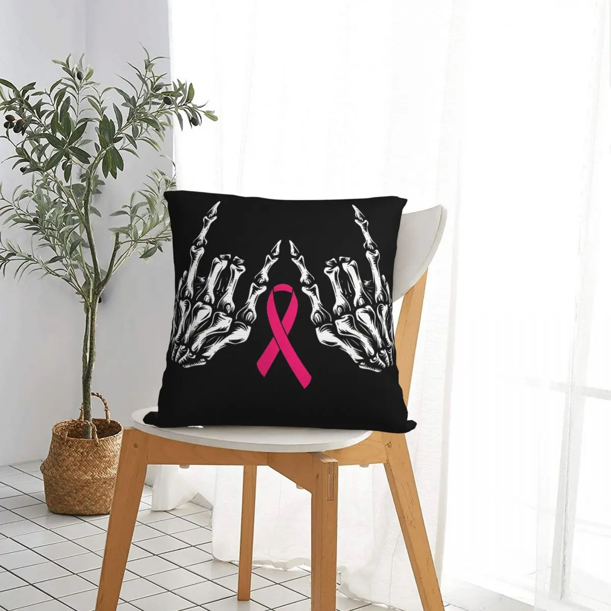 Skeleton Rock Hand Breast Cancer Awareness Cool Pink Ribbon Throw Pillow Cover Decorative Pillow Funny Pillowcover Home Decor