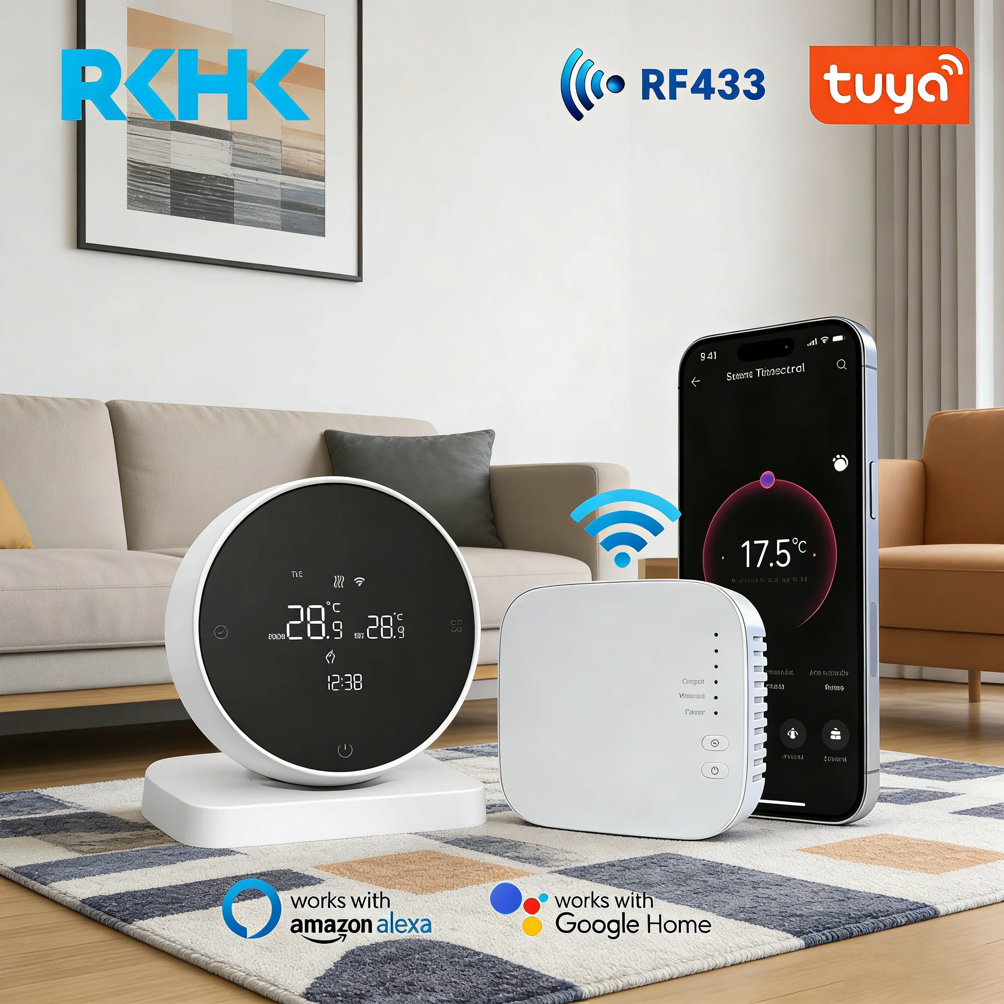 RKHK Tuya WiFi Smart Thermostat，RF Wireless Receiver Temperature Controller，For Water Gas Boiler Support Alexa and Google Home