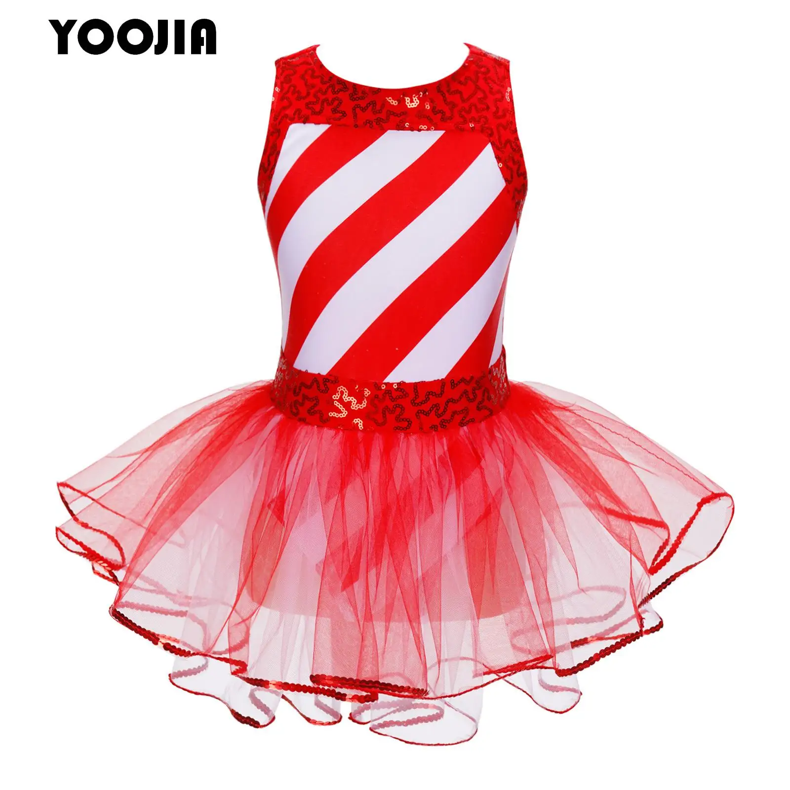 Girls Sequins Candy Cane Ballet Dress Leotard Dancewear Christmas Striped Mrs Santa Claus Costume Figure Ice Skating Tutu Dress