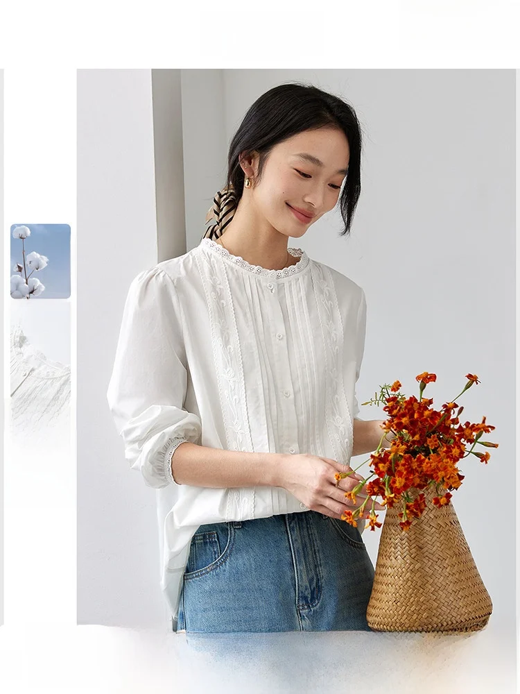 

Casual Cotton Long Sve round Ne Lace Trim Women's irt Vintage Sle Loose Fit Button Detail Mid-Length Pure Color