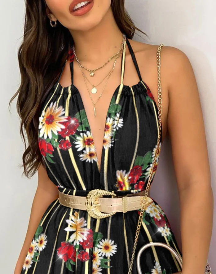 Jumpsuit Woman V-Neck Halter Tie Back Skirted Hem Romper with Shirred Waistband Sexy and Elegant Casual Jumpsuit