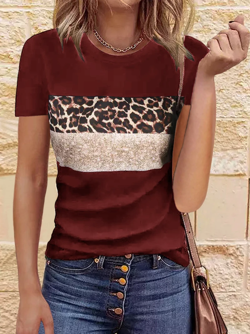 Women Summer Casual Leopard Printed Tee Shirt Casual O Neck Short Sleeve Tops Ladies Basic Classic Tee Shirt