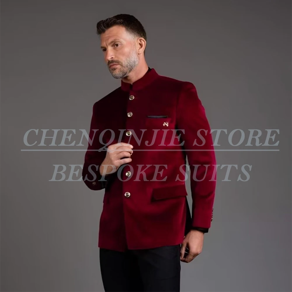 

Luxury Burgundy Velvet Blazer Fashion Men's Suits Single Breasted Stand Lapel Jacket With Black Pants Sets Bespoke Male Clothing
