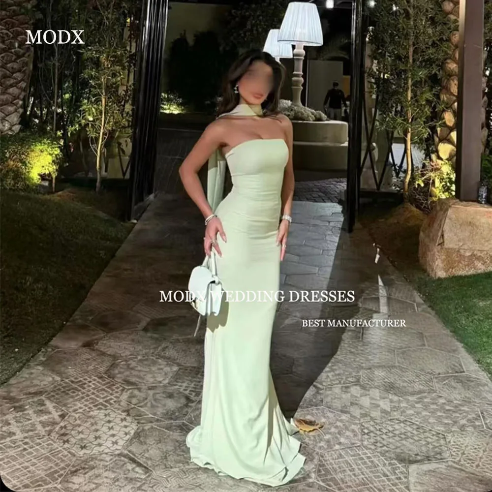 

MODX Light Green Formal Evening Dresses Arabic Women Soft Satin Strapless Scalf Floor Length Prom Gowns Vestidos Customized