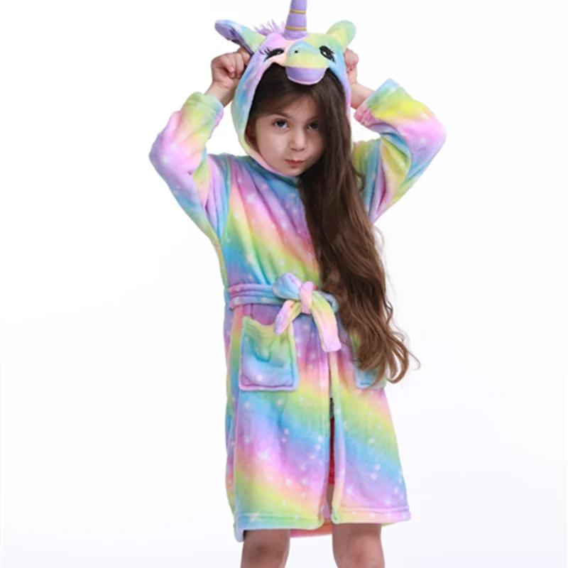 Unicorn Cartoon Kids Hooded Bath Robes, Children Sleepwear, Bathing Robe, Keep Warm, Easy to Clean, Boys, Girls Pajamas, Autumn,