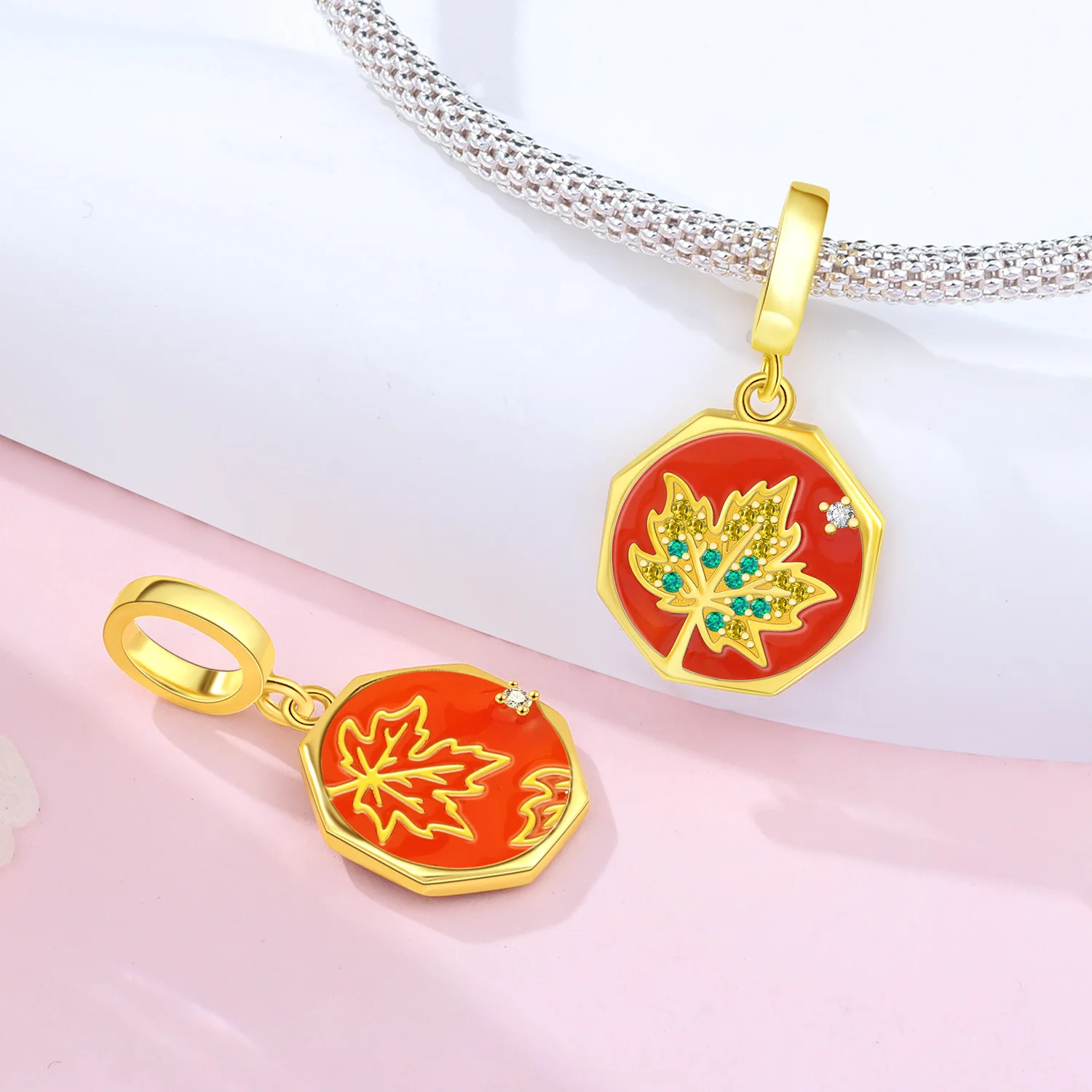 PANPOKI 925 Sterling Silver Red Maple Leaves Charms Beads Pendant Fit DIY Bracelet Necklace Jewelry Souvenir Gifts
